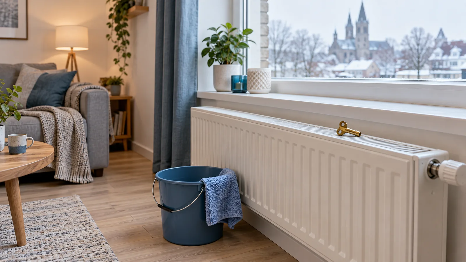 Radiateur avec clé de purge posée dessus dans un salon locatif