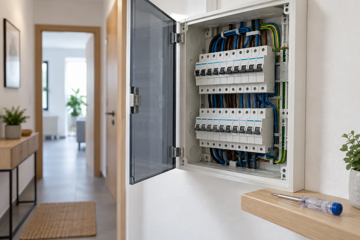 Coffret électrique ouvert avec disjoncteurs alignés dans un couloir