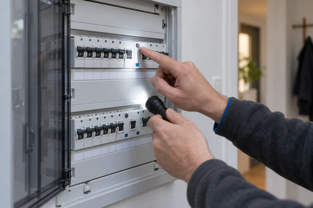 Mains testant un interrupteur différentiel sur un tableau électrique ouvert