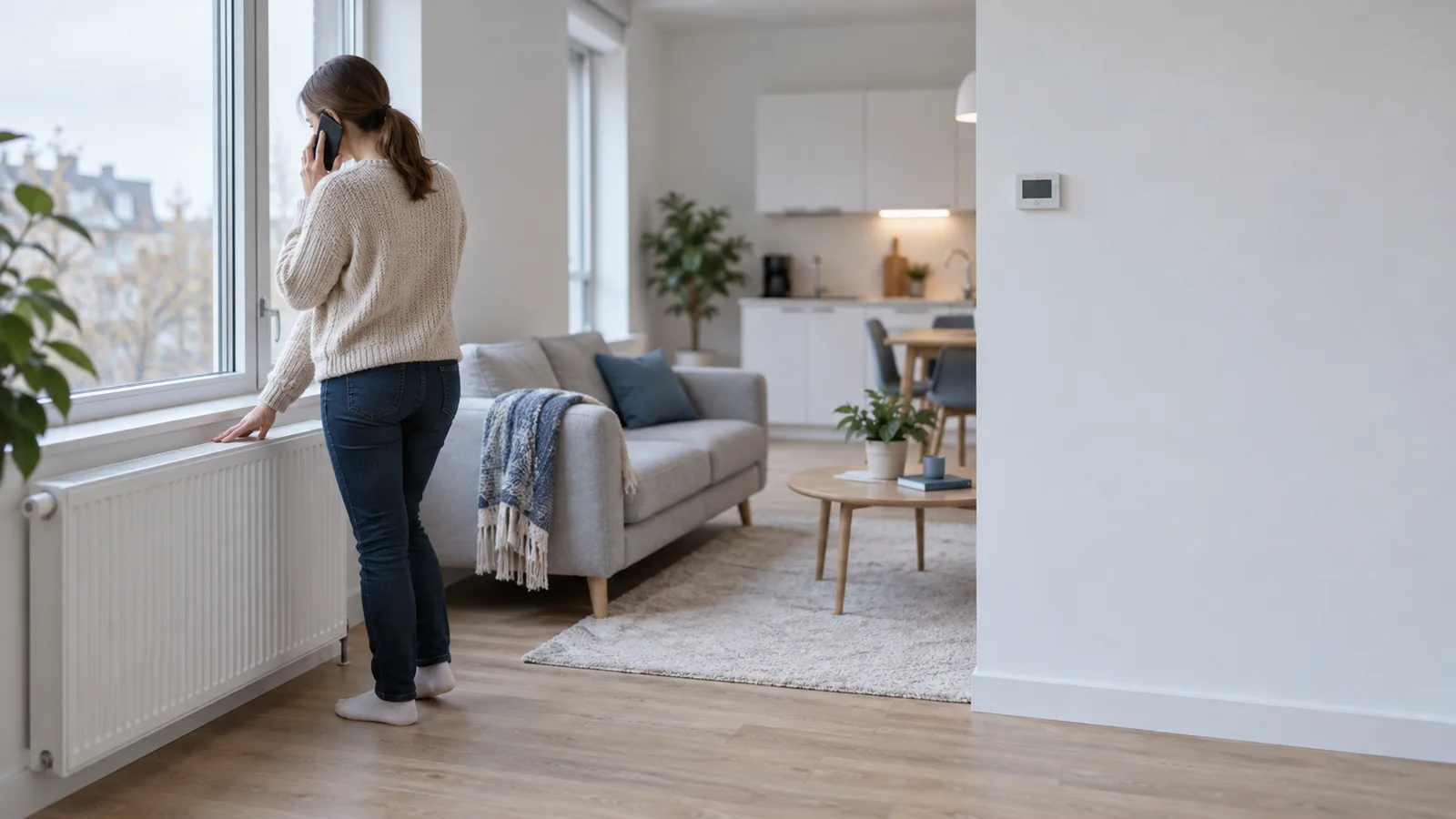 Locataire au téléphone vérifiant un radiateur froid dans son séjour