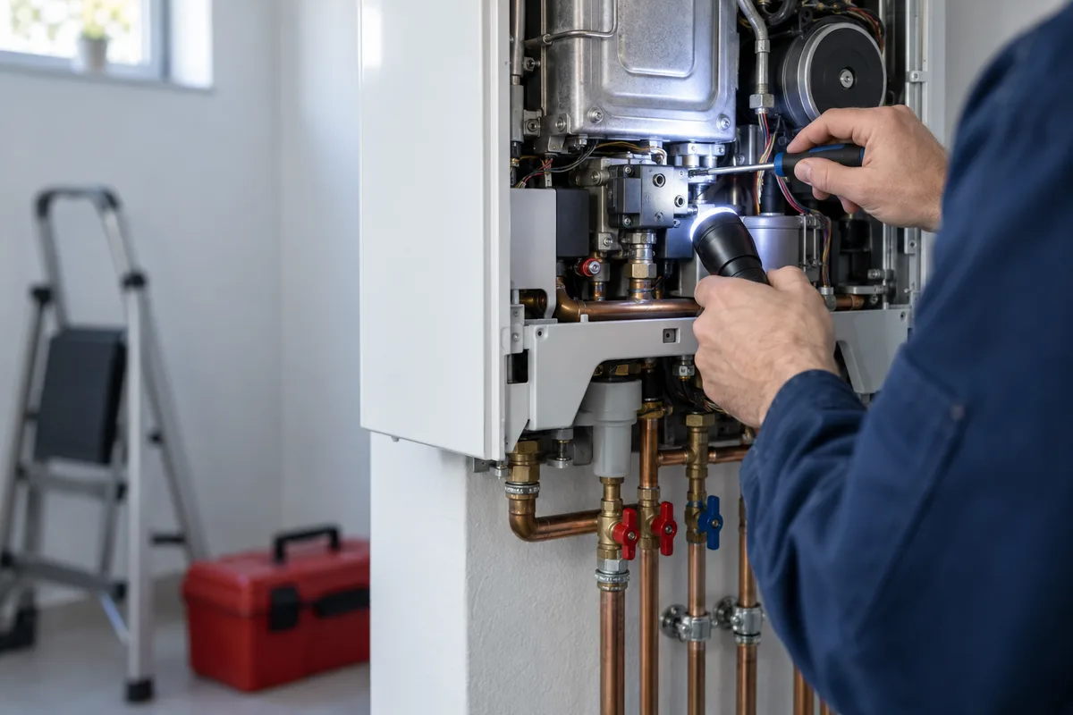 Technicien inspectant l'intérieur d'une chaudière murale avec une lampe