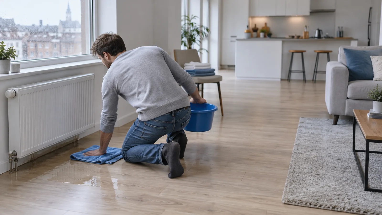 Locataire épongeant une flaque au pied d'un radiateur