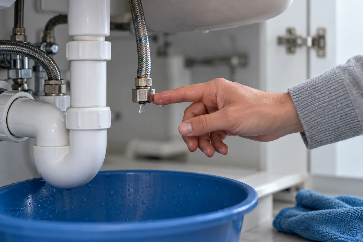 Doigt vérifiant le joint humide d'un flexible sous évier