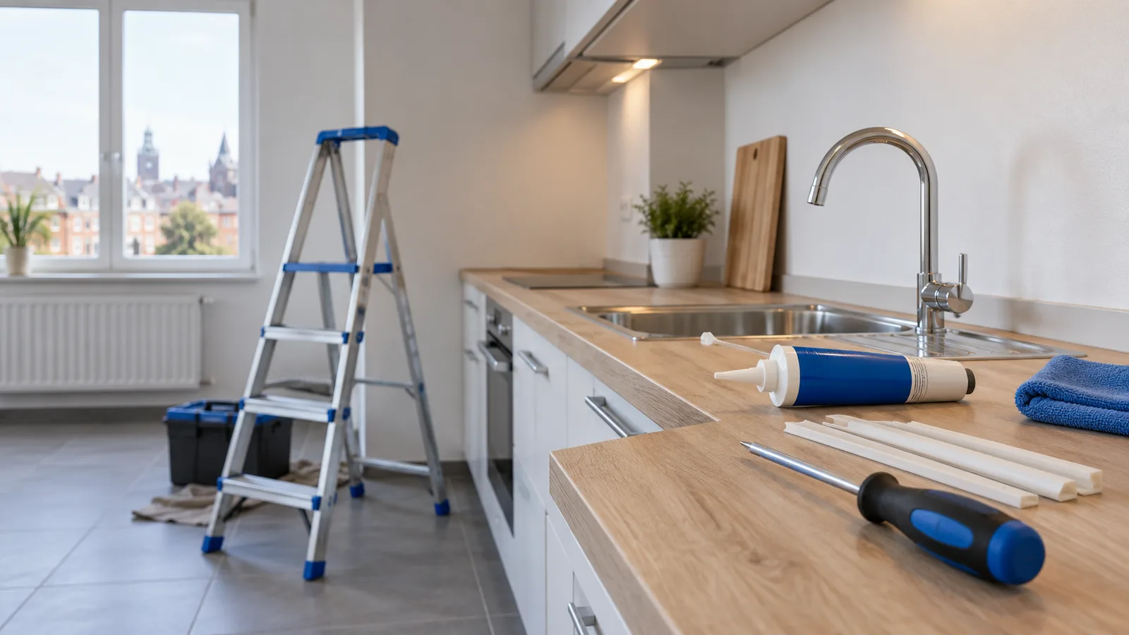 Cuisine vide avec mastic et outils de remise en état entre deux locataires
