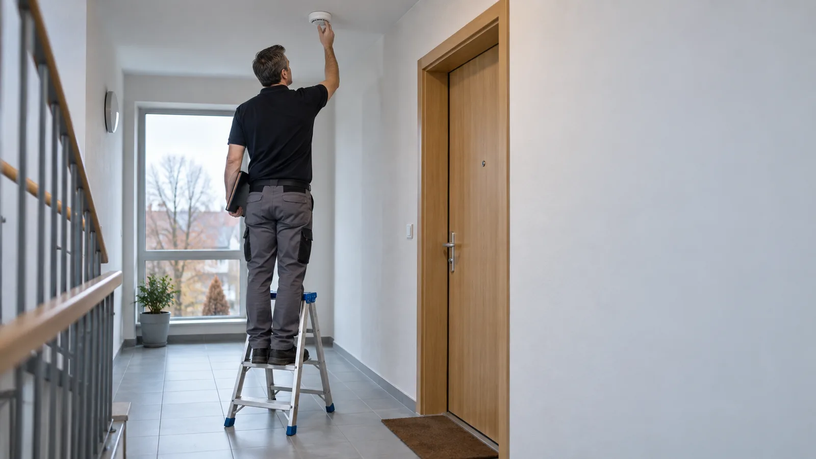 Technicien sur un escabeau contrôlant un détecteur de fumée au plafond