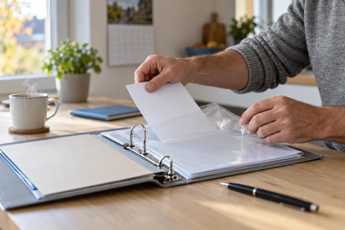 Mains glissant une attestation d'entretien dans la pochette d'un classeur