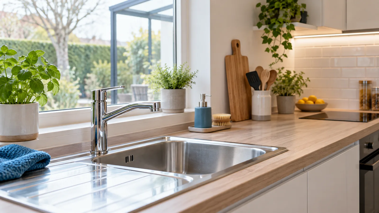 Cuisine propre d'un logement loué avec robinetterie impeccable