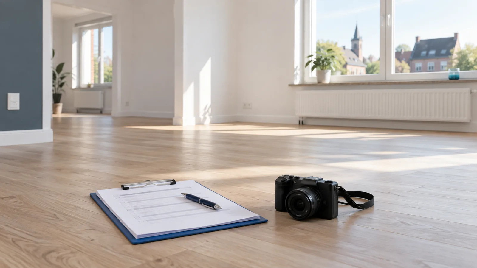 Salon vide avec planche à pince et appareil photo prêts pour l'état des lieux
