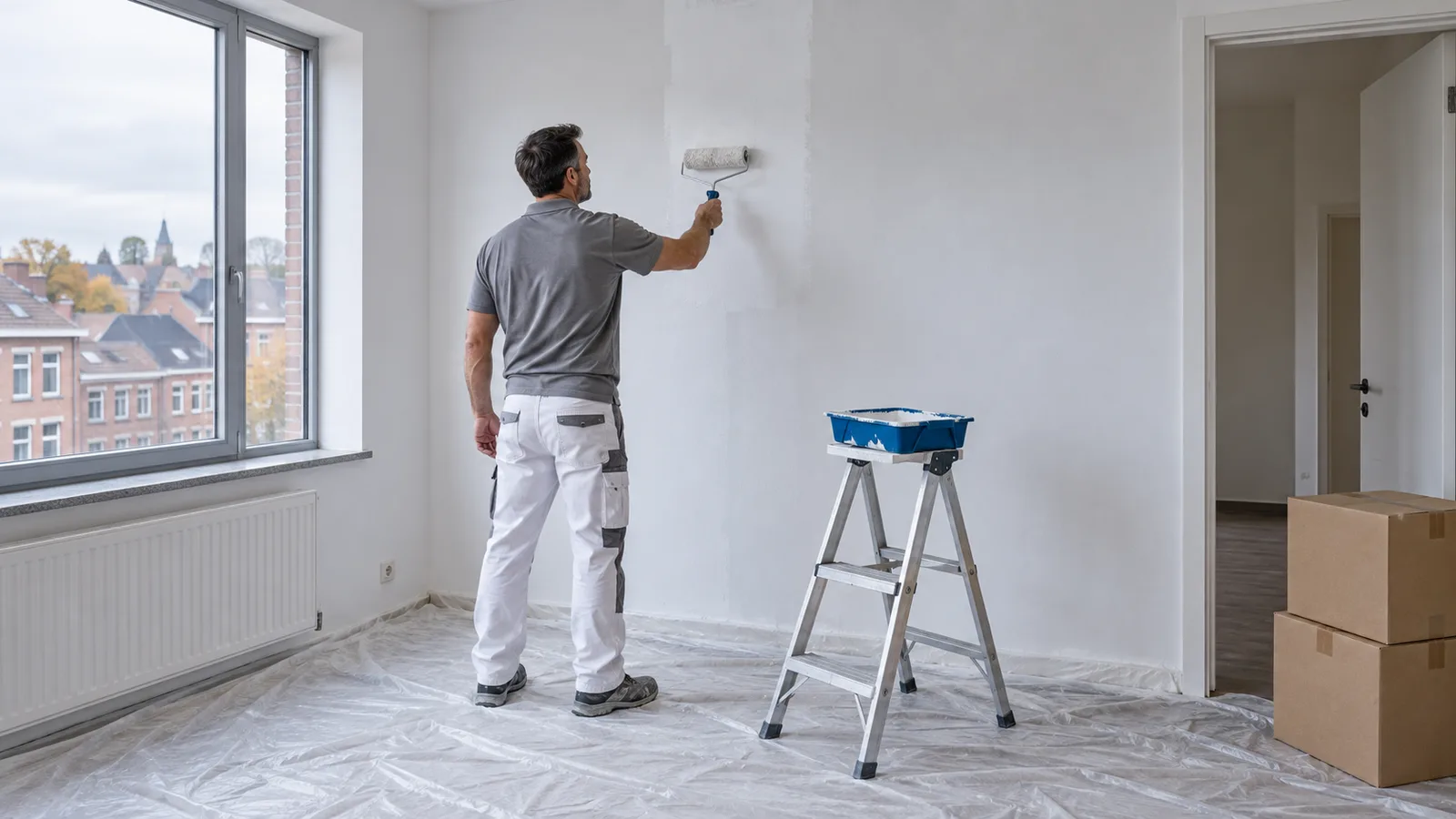 Artisan peignant au rouleau un mur d'appartement vide en fin de bail
