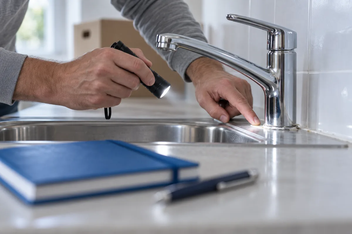 Main éclairant à la torche un joint de silicone de robinet de cuisine