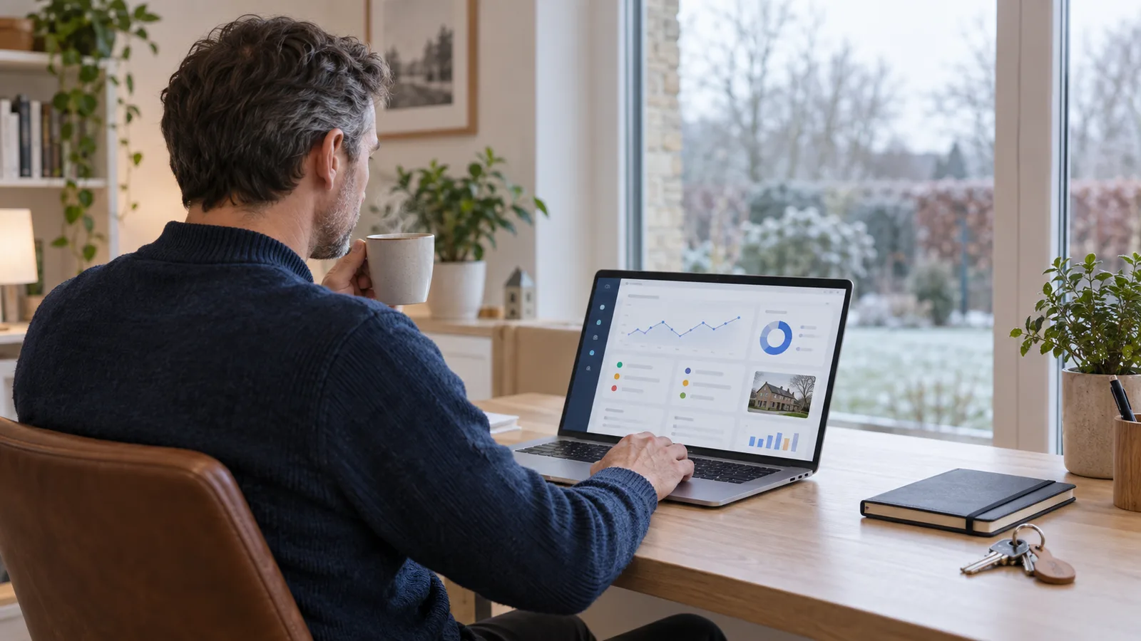 Homme consultant un tableau de bord de suivi sur ordinateur portable