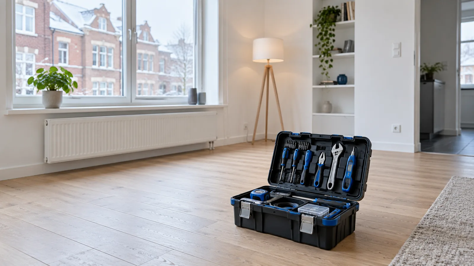 Caisse à outils ouverte dans un salon vide d'un appartement locatif