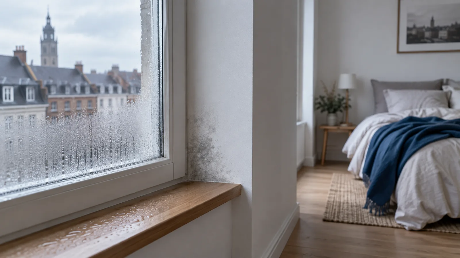 Fenêtre de chambre couverte de buée avec une auréole d'humidité naissante