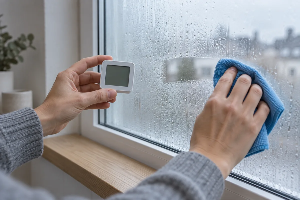 Mains mesurant l'humidité près d'une fenêtre embuée avec un hygromètre