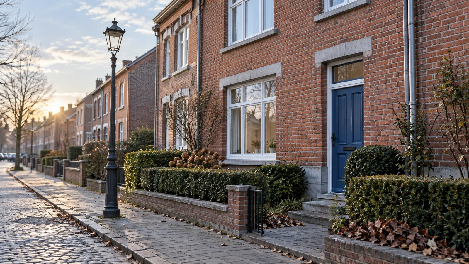 Façade en brique d'une maison locative entretenue avec jardinet taillé
