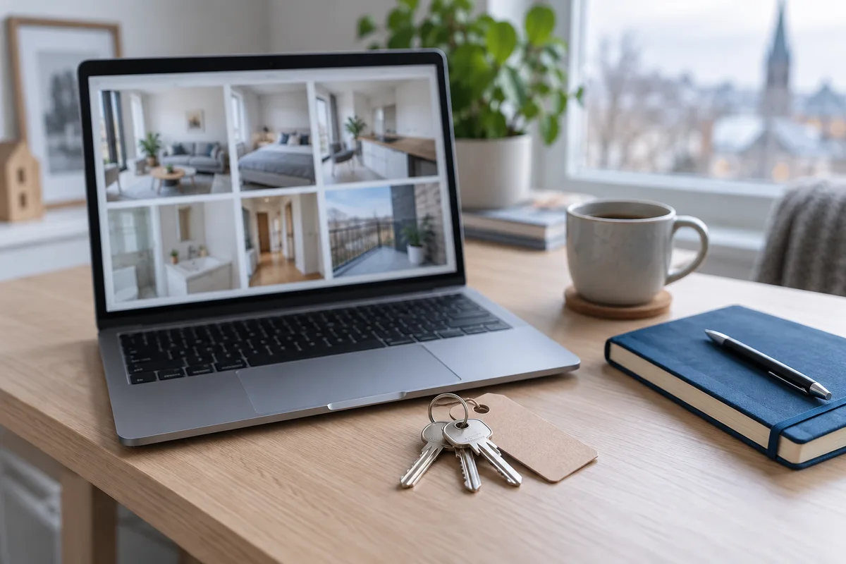Trousseau de clés devant un ordinateur affichant des photos d'un logement