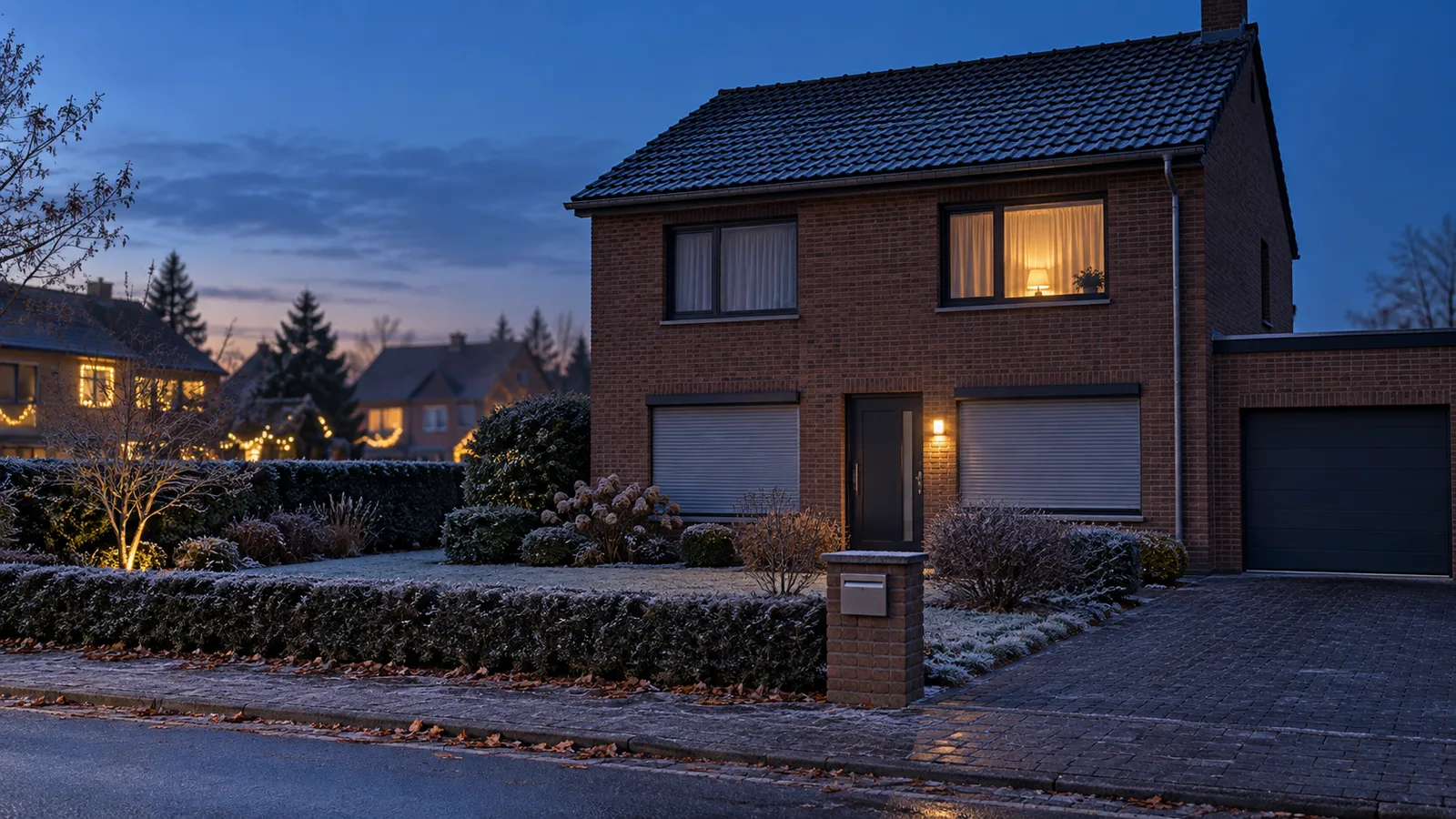 Maison fermée au crépuscule, une seule lumière chaude derrière un rideau