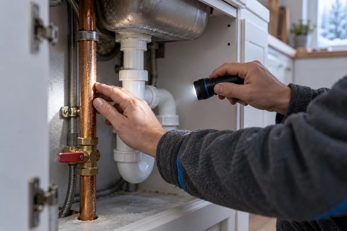 Mains vérifiant les canalisations en cuivre sous un évier en hiver