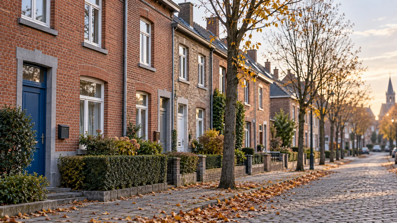 Alignement de façades de maisons locatives en brique dans une rue pavée