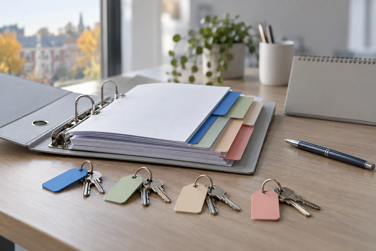 Classeur à intercalaires et trousseaux de clés alignés sur un bureau