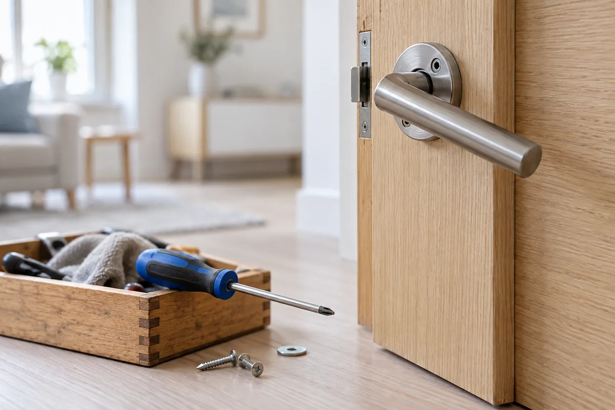 Poignée de porte desserrée et tournevis posé sur une boîte à outils