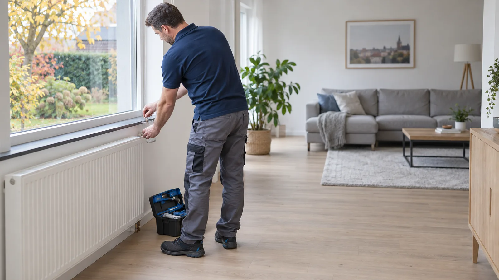 Technicien purgeant un radiateur avec une petite clé
