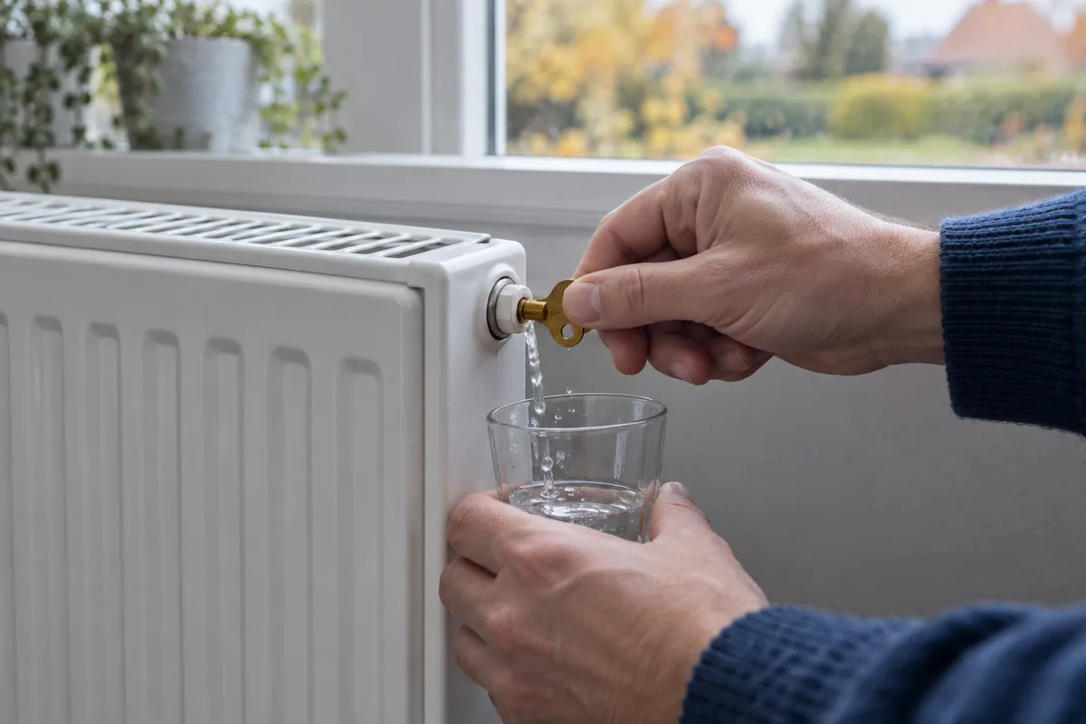 Mains purgeant un radiateur au-dessus d'un verre