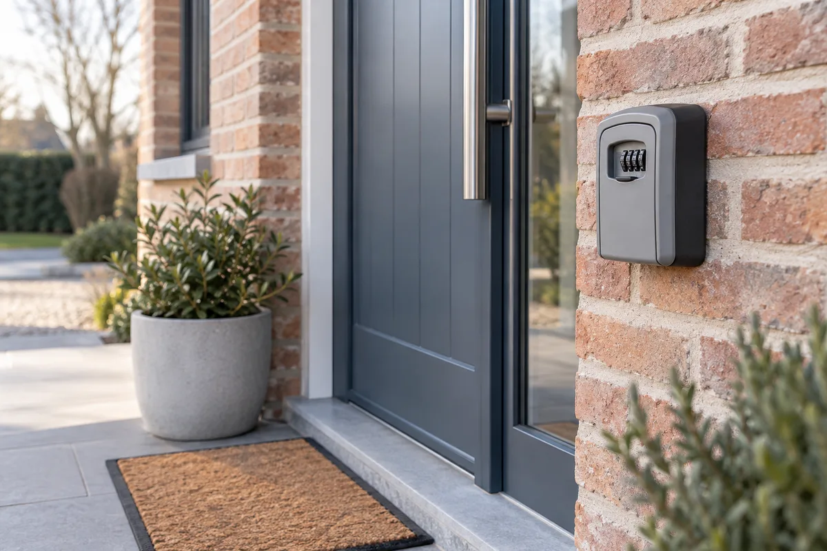 Boîte à clés sécurisée fixée au mur à côté d'une porte d'entrée