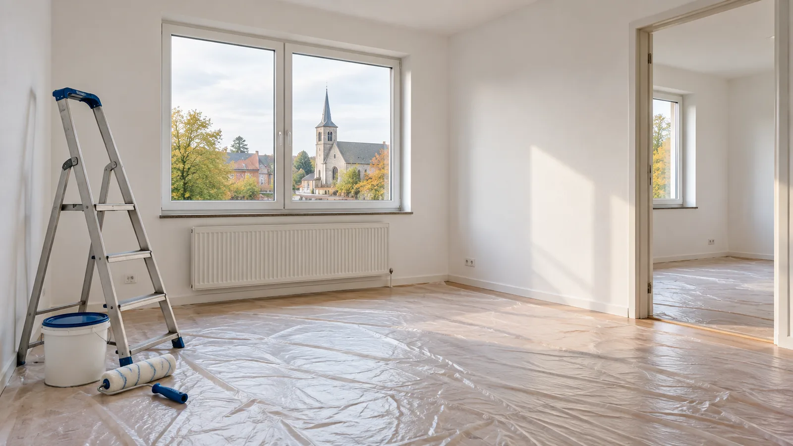 Appartement vide fraîchement repeint avec rouleau, pot de peinture et escabeau